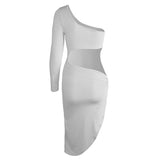 one shoulder long sleeve cut out side asymmetrical bodycon dress