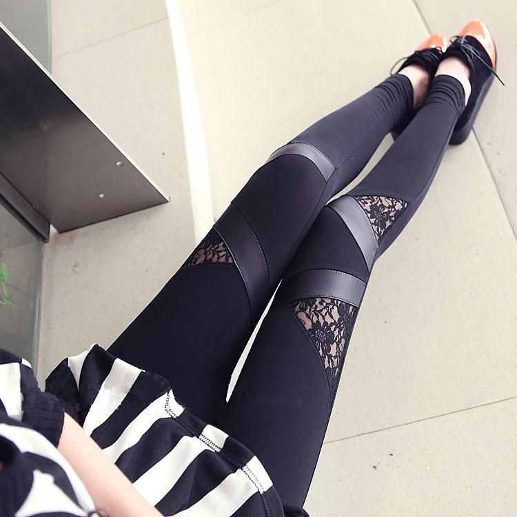 pu leather lace skinny stretch splicing leggings