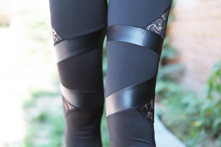 pu leather lace skinny stretch splicing leggings