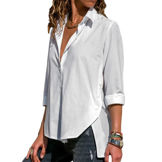 turn down collar button long sleeve chiffon blouse