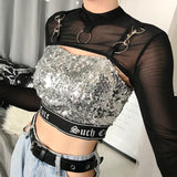 mesh transparent punk gothic metal ring long sleeve crop top
