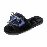 letter printed bow tie on faux fur soft plush flat slippers
