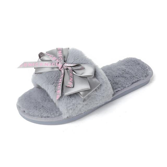 letter printed bow tie on faux fur soft plush flat slippers