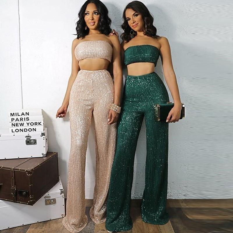 two piece sequin strapless sleeveless top and glitter elastic waist pant set