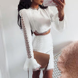 lace o neck flare sleeve bodycon two piece dress