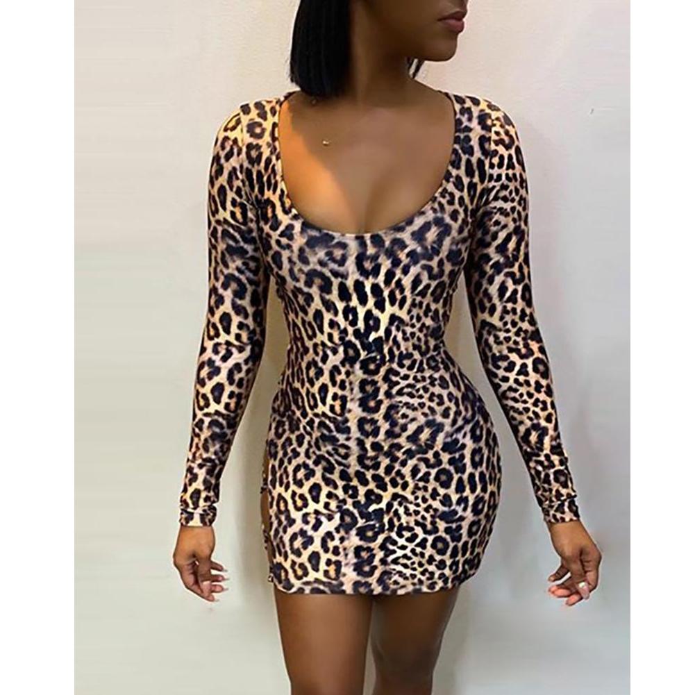 leopard print backless hollow out lace up side mini bodycon dress