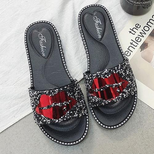 bling shining crystal lip heart design open toe flat slippers