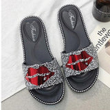 bling shining crystal lip heart design open toe flat slippers