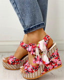 bohemian style floral print bow knot ankle strap high heel wedge