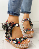 bohemian style floral print bow knot ankle strap high heel wedge