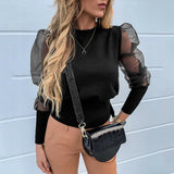 long puff sleeve stretch pullover o neck crop top