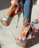 printed ankle bowknot wrap super thin heeled sandals