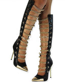 metal chain pointed toe stiletto heel long boots