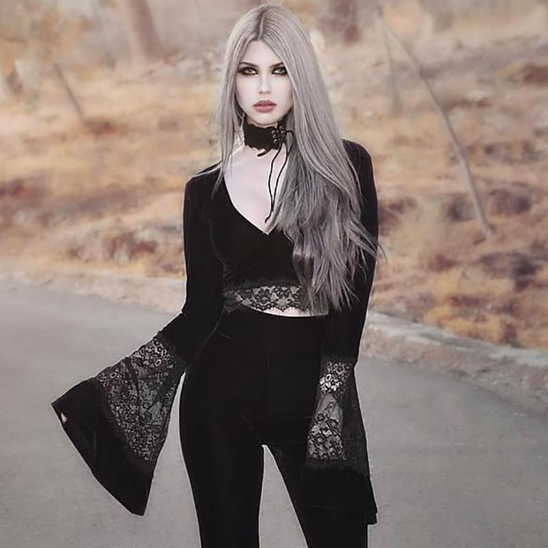 gothic retro lace hollow out flare long sleeve v neck crop top