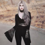 gothic retro lace hollow out flare long sleeve v neck crop top