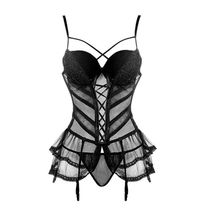 sleeveless cross lace up ruffle corset bustier babydoll lingerie