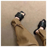 square toe flat slip on lattice design straps slippers