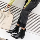 natural genuine leather metal pointed toe square heels ankle boots