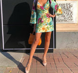 floral print bell sleeve ruched bodycon dress