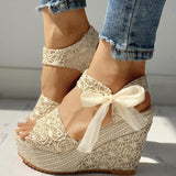 open toe lace leisure bow detail high heels platform wedge sandals