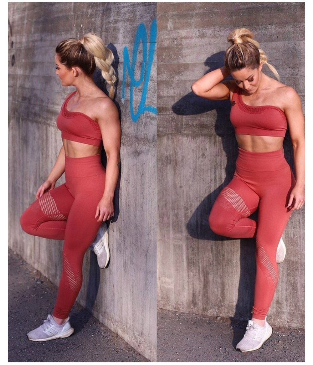 seamless one shoulder padded top high waist hollow out leggings