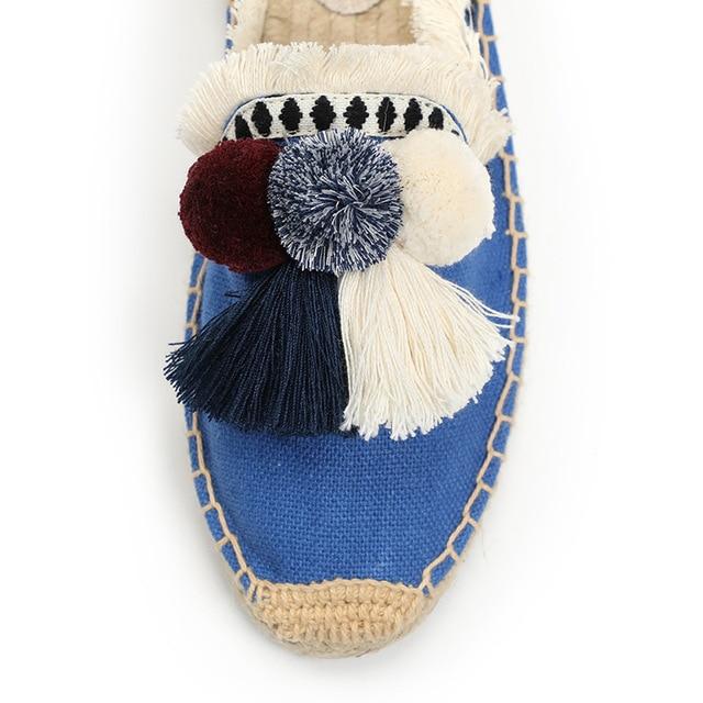 fluffy ball tassel canvas mule rubber hemp boho style closed toe slippers
