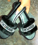 crystal letter bling open toe faux fur straps flat slippers