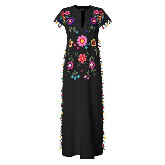 floral printed short sleeve split hem long tassels casual dress