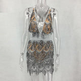 deep v neck sparkle backless sequins fringed bodycon dress