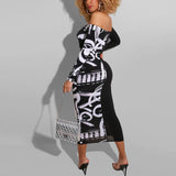 abstract letter printed off shoulder long sleeve bodycon dress