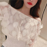 vintage 3d flower mesh sheer puff sleeve off shoulder blouse