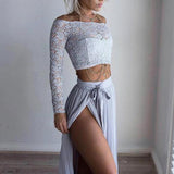 2 piece lace embroidery slit off shoulder strapless crop tops