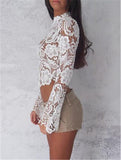 see through floral lace zipper back long sleeve bodycon crop top