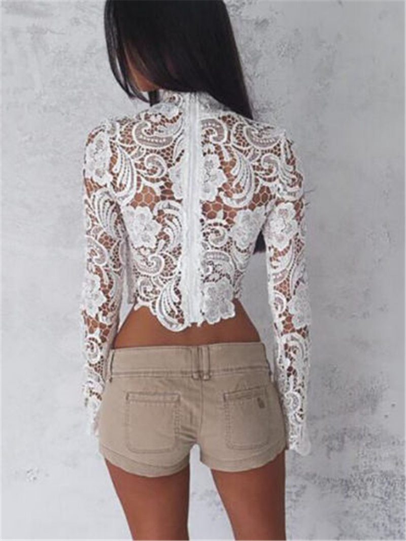 see through floral lace zipper back long sleeve bodycon crop top