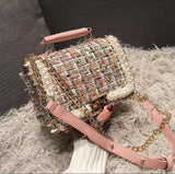 woolen pearl square shaped chain panelled shoulder bag