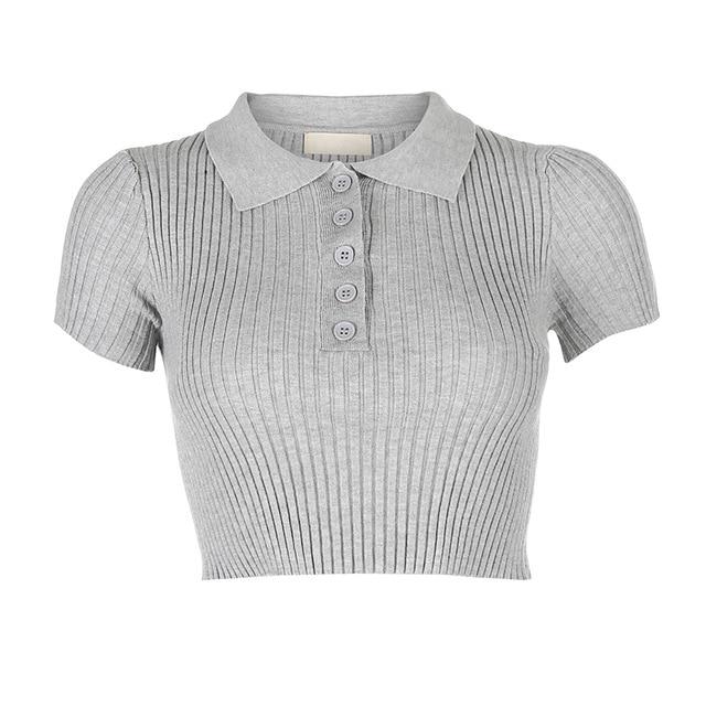 turn down collar button ribbed knitted short sleeve crop top
