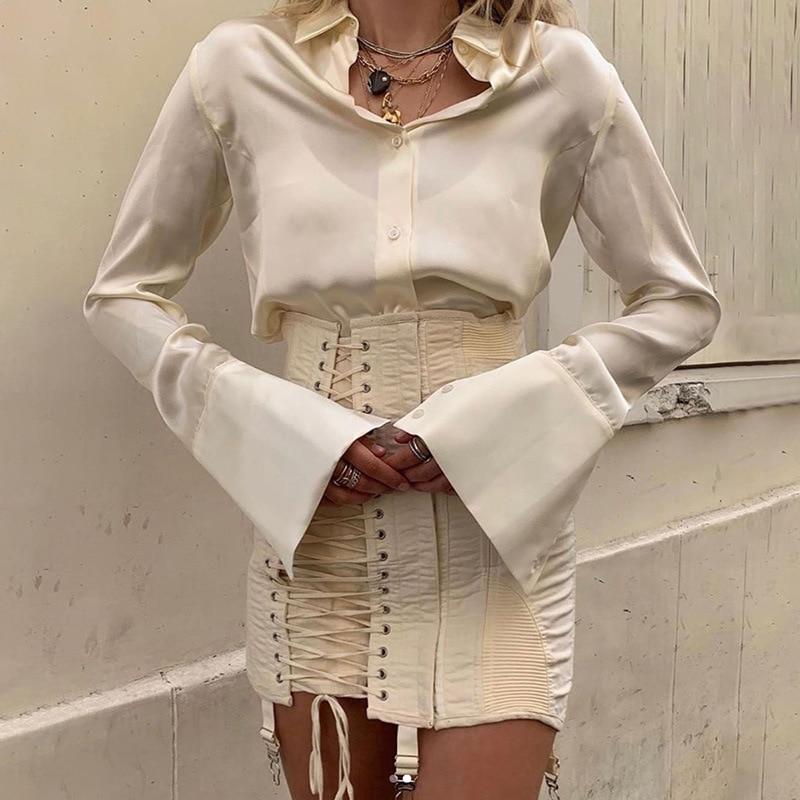 front lace up buckle bandage wrap a line high waist bodycon skirt