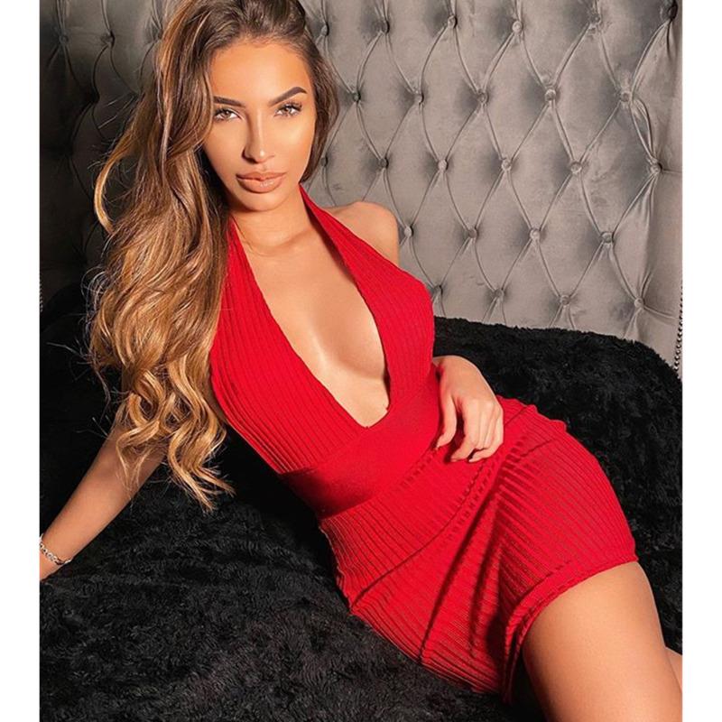ribbed knitted deep v neck backless mini bodycon dress