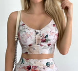 v neck floral print spaghetti strap crop top skirt two piece dress