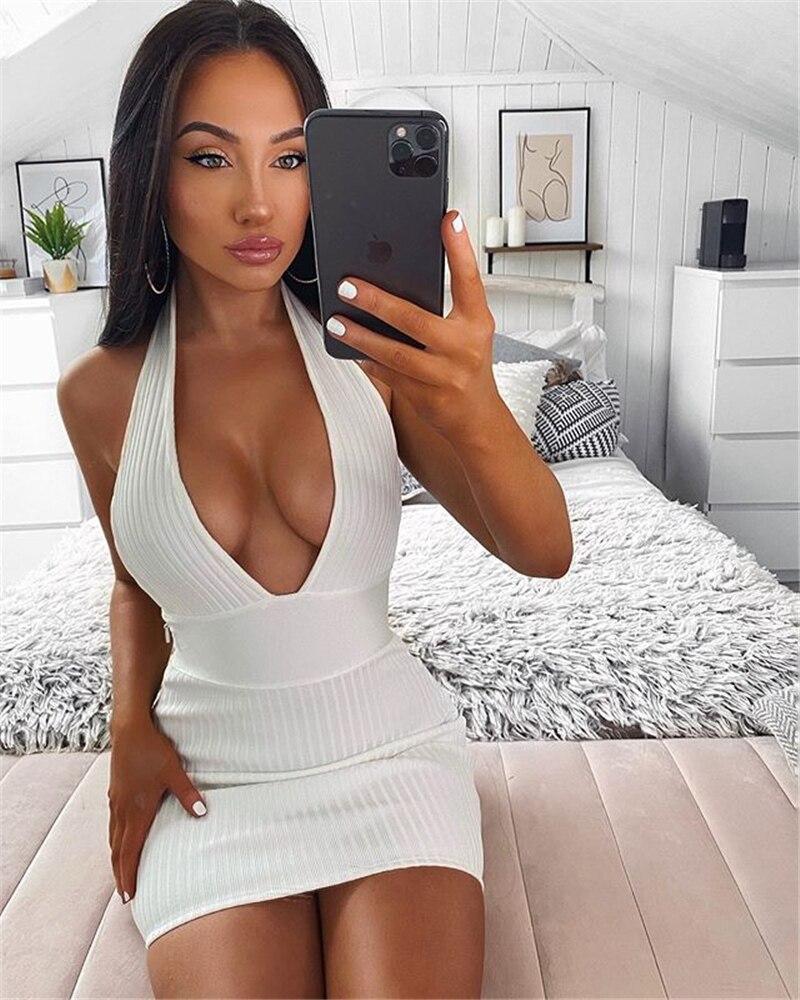 ribbed knitted deep v neck backless mini bodycon dress