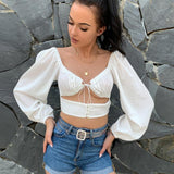 hollow out puff sleeve v neck drawstring crop top