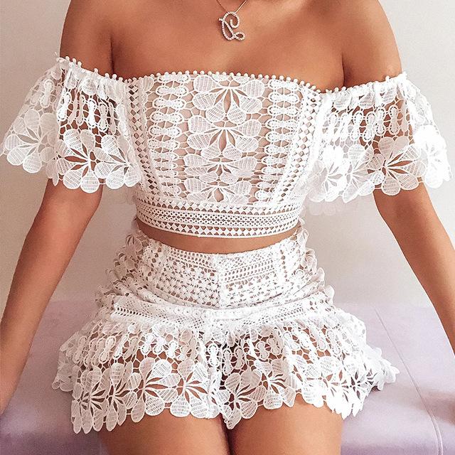 two piece set matching ruffles lace skirt and off shoulder crop top