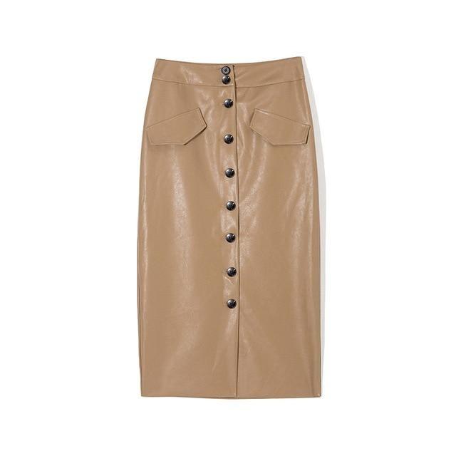 elegant high waist leather multi button wrapped pencil skirt