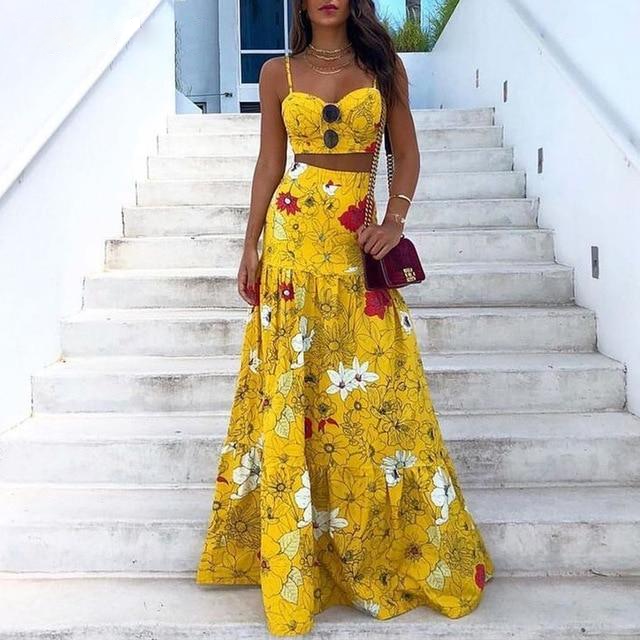 two piece floral print v neck sleeveless top long skirt set