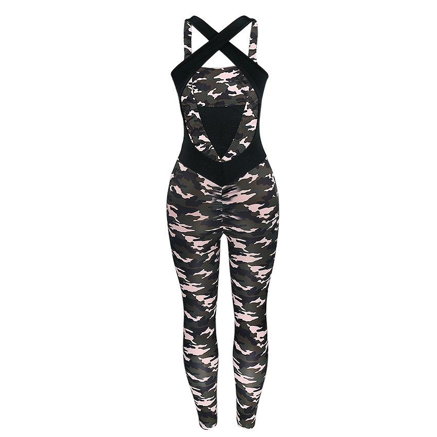 camouflage patchwork square neck cross backless overall sportsgear