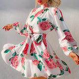 high neck rose print ruffles hem elegant long sleeve dress