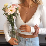 long sleeve frill backless deep v neck tie up crop top