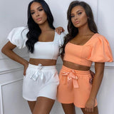 loungewear square collar short two piece puff sleeve crop tops