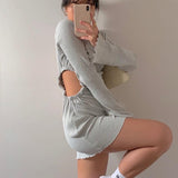 draped flare sleeve cut out knitted round neck ruched bodycon dress