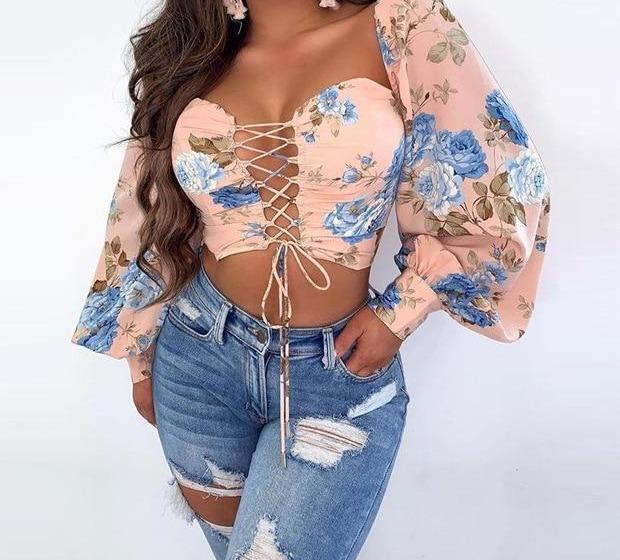lace up floral drawstring long sleeves crop top